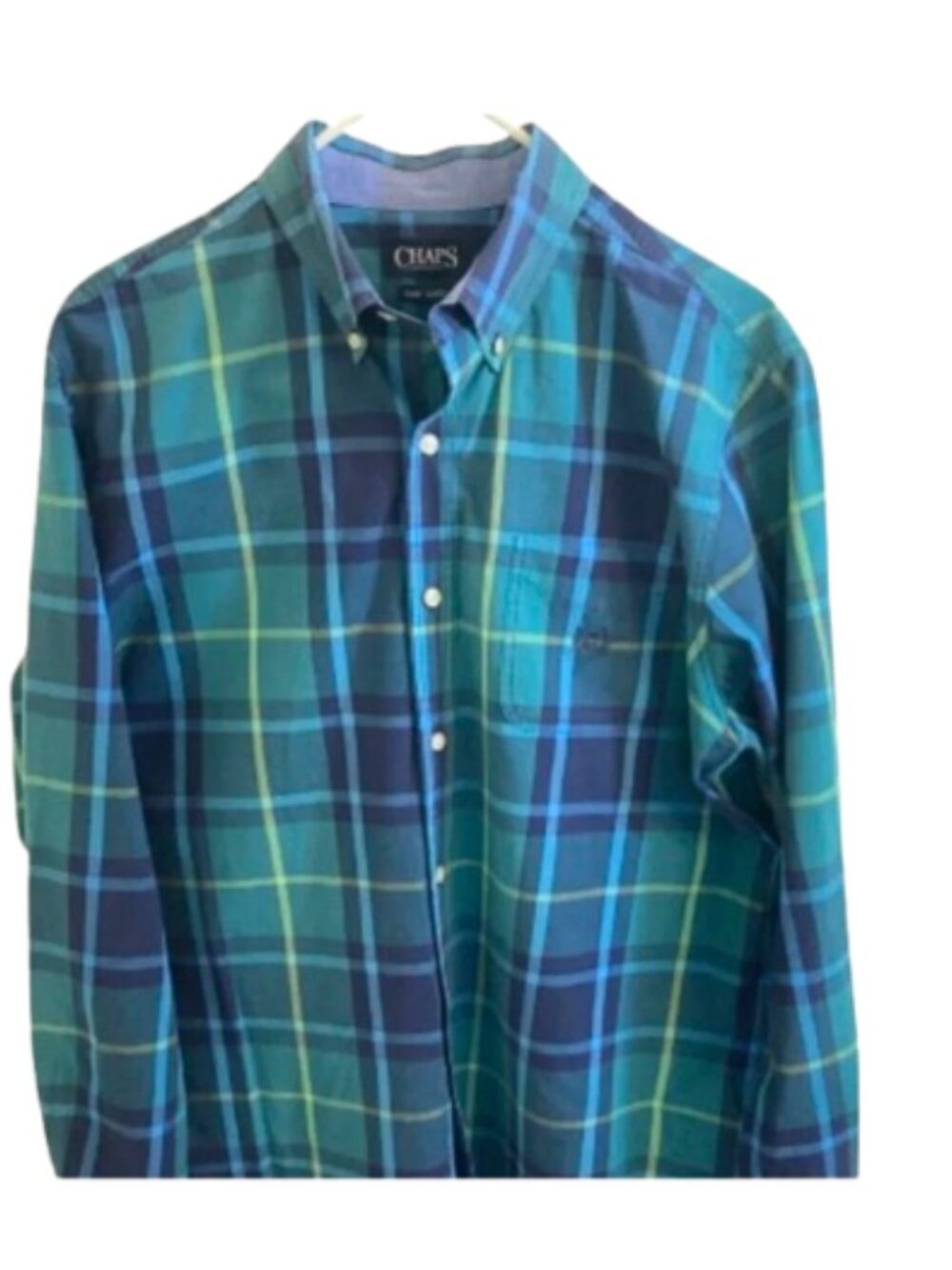Chaps Men's SALE! Long Sleeve Button Down Shirt, blue/green plaid, sz Large